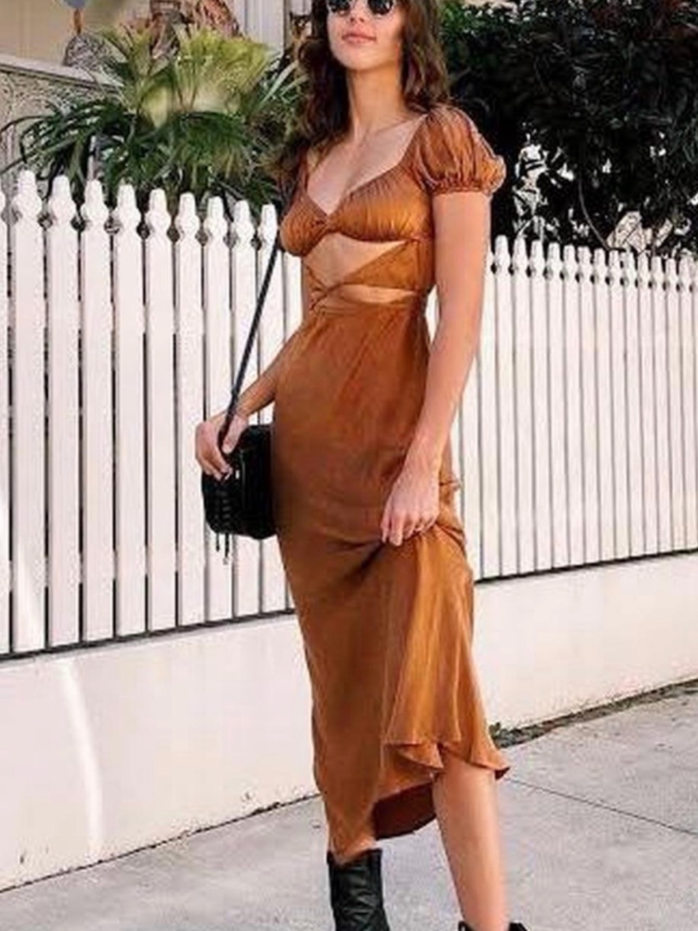 Boohoo Rust Brown Cutout Midi Dress with Puff Sleeves